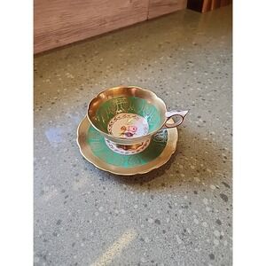 VTG Royal Stafford Emerald Green Gold Filigree Floral Teacup & Saucer England